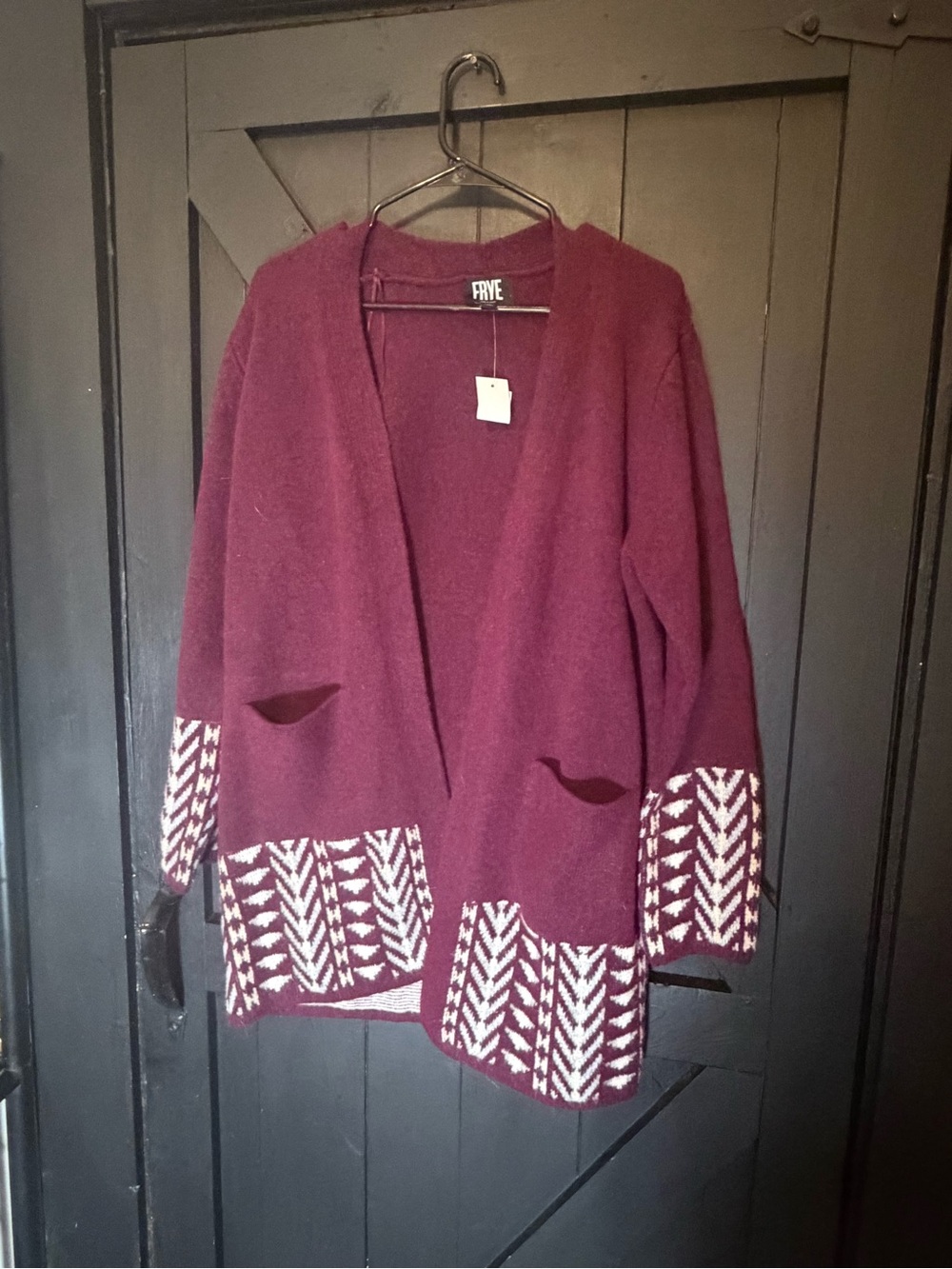 Frye Burgundy Open-Front Cardigan with Cream Geometric Trim